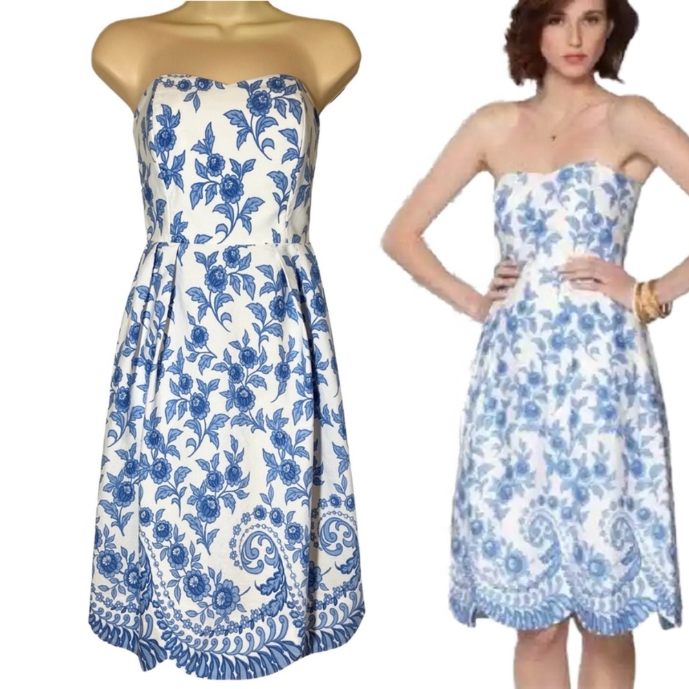 J. McLaughlin Strapless Blue White Floral Feminine Dress Heart Neck Size 2